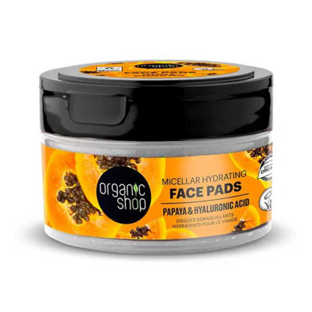 Discos de limpeza facial hidratantes micelares de mamão da Organic Shop, pacote com 20 unidades.