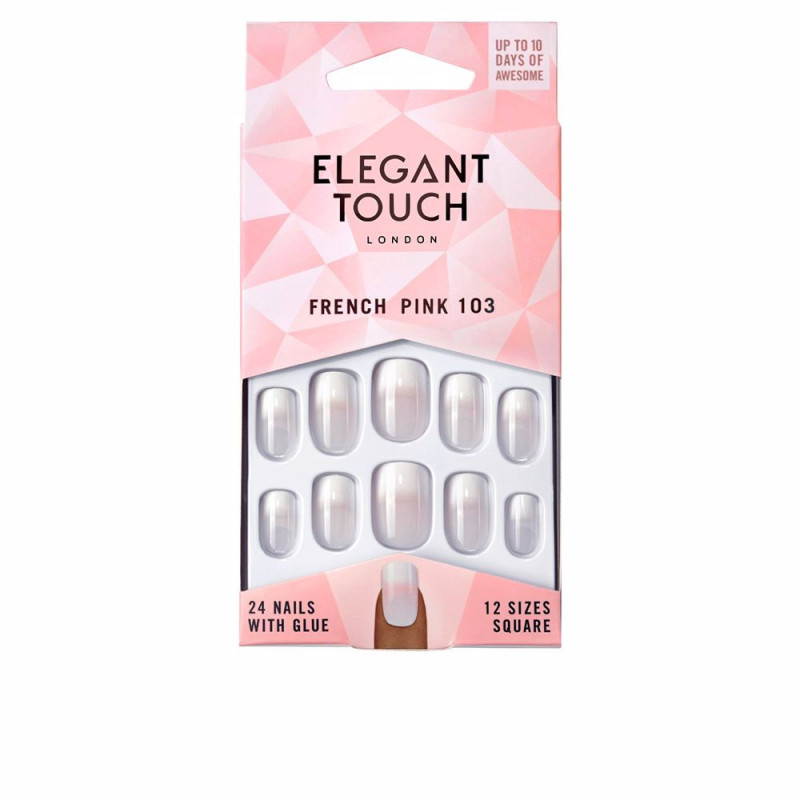 FRENCH pink nails with glue square 103 M 24 u by ELEGANT TOUCH for Unisex